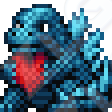 A cutesy interpretation of Godzilla, holding a heart