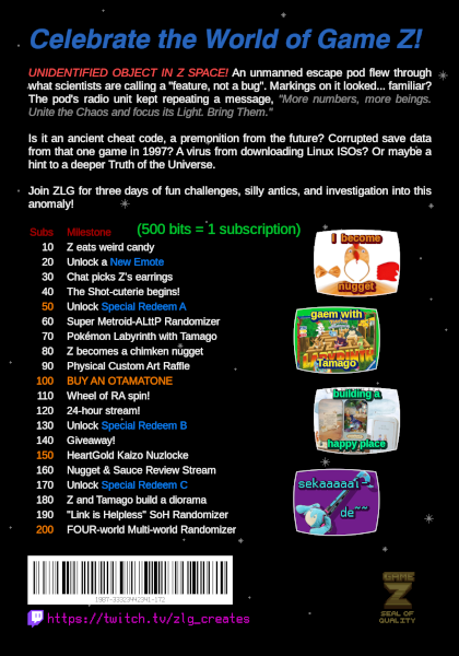 The back of the
subathon 'box', with subscriber goals every 10 subscribers until
200.