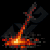 A glowing sword in a smoldering bonfire