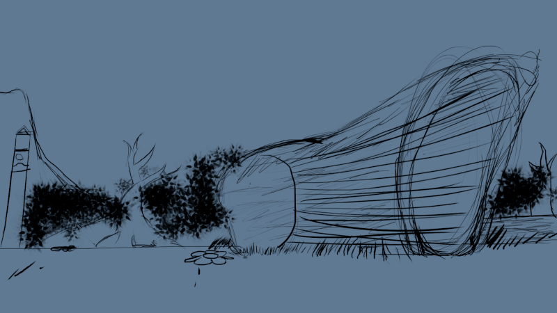 A simple sketch of the scene in black outlines, on a gray background
